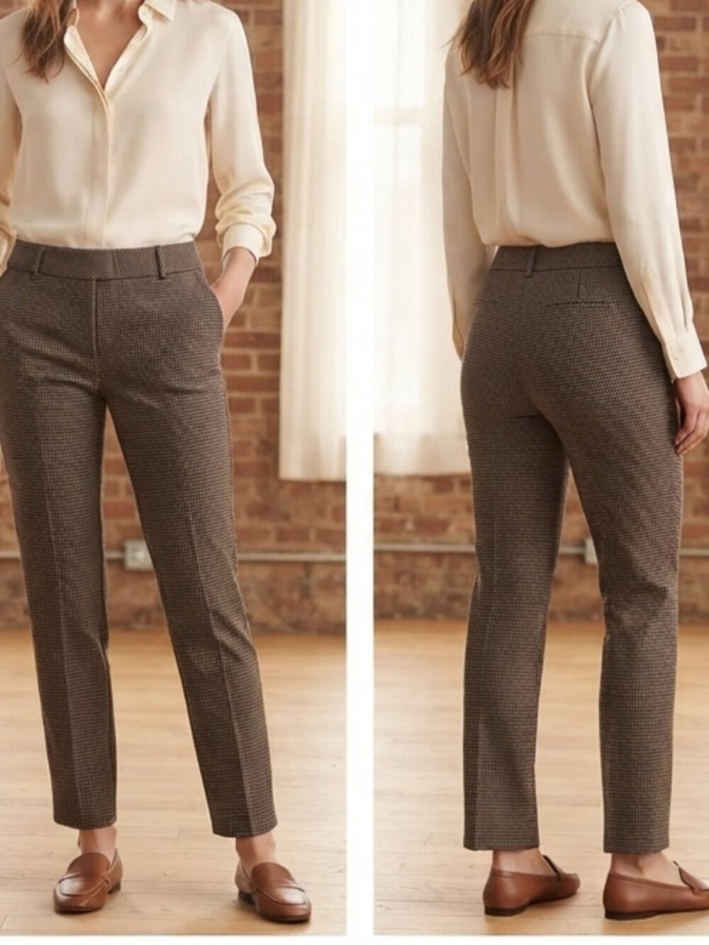 Tribal Houndstooth Plaid Stretch Pants Brown Multi Tailored Work Trousers Size 8
